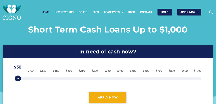 Cigno's website offers short-term cash loans Up to $1,000.