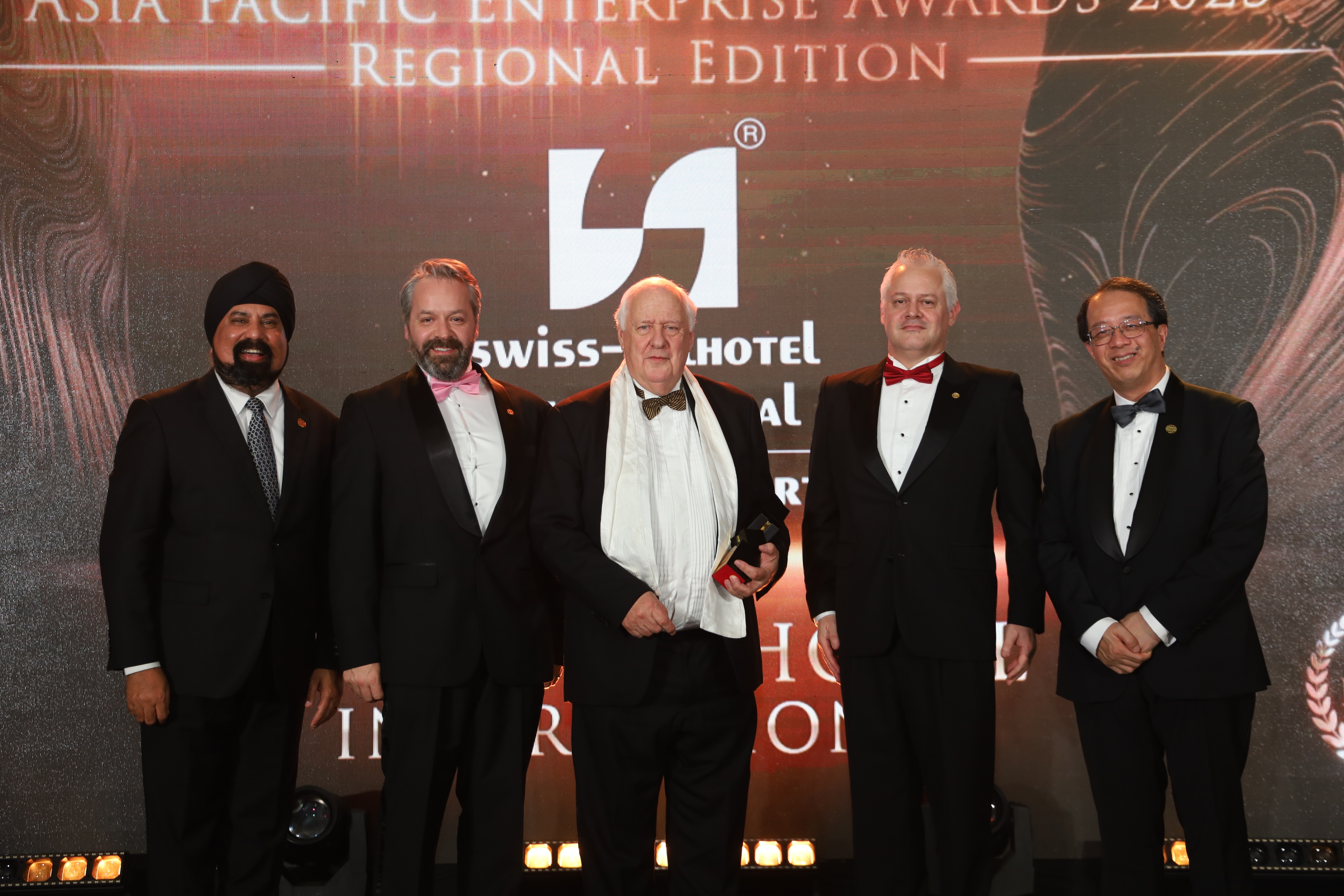 [From left] Sarjit Singh, Senior Advisor, Deloitte & Touche LLP and APEA 2025 Jury member, Edward Faull, Senior Vice President - Technical Services and Projects, and SVP - Operations & Development - Vietnam and Central Asia, Swiss-Belhotel International, Gavin M. Faull, Chairman and President, Swiss-Belhotel International, Matthew Faull, Senior Vice President of E-commerce, Distribution & IT, Swiss-Belhotel International, Richard Tsang, President, Enterprise Asia.