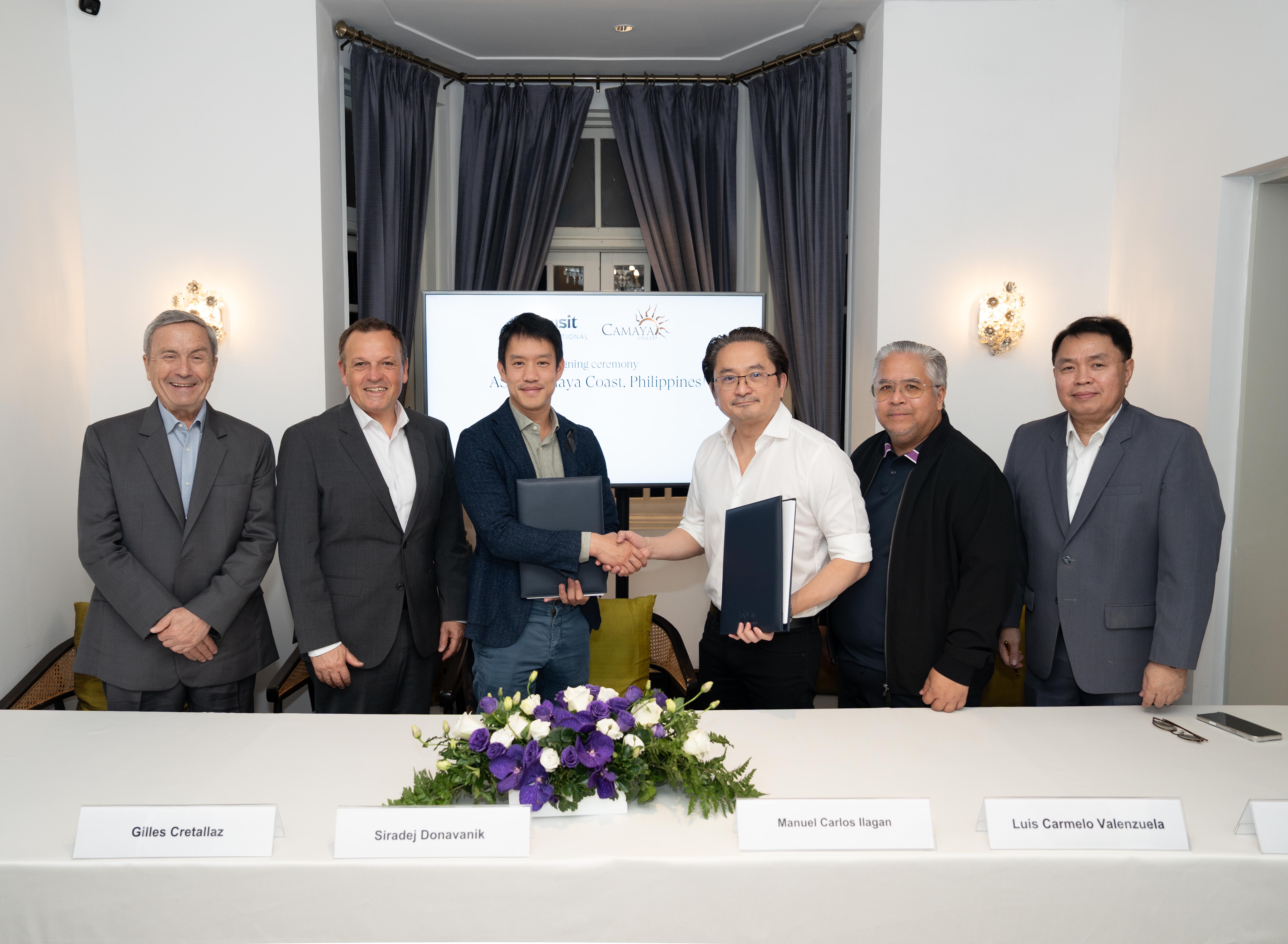 The signing ceremony for ASAI Camaya Coast was held recently at Baan Dusit Thani, Bangkok. Pictured (from left): Mr Detlef Skrobanek, Group Director of Technical Services, Dusit International; Mr Gilles Cretallaz, Chief Operating Officer, Dusit International; Mr Siradej Donavanik, Vice President – Development (Global), Dusit International; Mr Manuel Carlos L. Ilagan Jr., President, Earth & Shore Leisure Communities Corporation; Mr Luis Carmelo H. Valenzuela, Vice President of Finance, Camaya Coast; and Mr Ronel C. Sunga, Strategic Business Unit Head – Hotels, Camaya Coast.