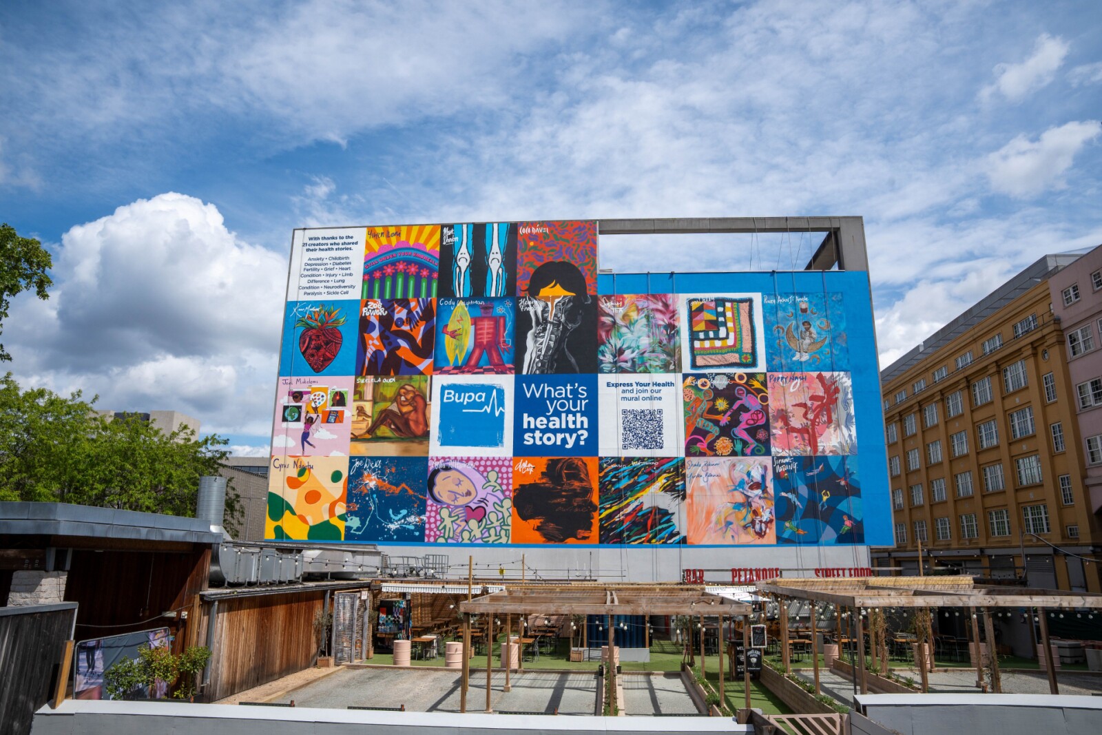 As part of Bupa’s Express Your Health campaign, the hand-painted mural on London’s Southbank brings together powerful health stories expressed through art by more than 20 creators from around the world.